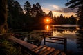 A serene lake surrounded by tall trees.