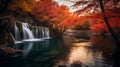 Luminous Scenes A Serene Waterfall Amidst Red Foliage In Li Shuxing Style