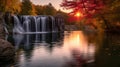 Autumn Pond And Waterfall In Nature With Sunrise Background Royalty Free Stock Photo