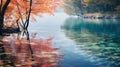 Dreamy Autumn Lake With Vibrant Trees And Leaves