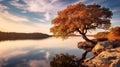 Autumn Lake At Sunset: A Serene Reflection Of Nature\'s Beauty Royalty Free Stock Photo