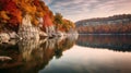 Bold Autumn Landscape: Lake, Trees, And Cliffs In Vibrant Colors Royalty Free Stock Photo