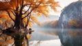 Serene Chinese Landscape: Tree Reflecting Fall Colors In Lake Royalty Free Stock Photo