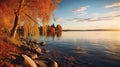 Stunning Fall Landscape Trees Along Lake Shore In Uhd