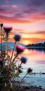 Vibrant Sunset Thistle: Hyperrealistic Landscape Illustration By Alastair Magnaldo Royalty Free Stock Photo