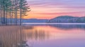 Serene lake view at sunset with trees and gentle reflections Royalty Free Stock Photo