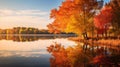 Autumn Splendor: Serene Wetland With Vibrant Cherry Trees And Calm Lake Royalty Free Stock Photo