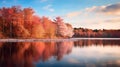 Serene Autumn Wetland With Vibrant Cherry Trees Reflecting On Calm Water Royalty Free Stock Photo