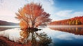 Serene Autumn Wetland With Vibrant Cherry Trees Reflecting On Calm Water Royalty Free Stock Photo