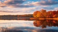 Serene Autumn Wetland With Vibrant Cherry Trees Reflecting On Calm Water Royalty Free Stock Photo