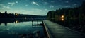 serene lakeside beauty wooden dock, starry sky, and full moon reflection in the dusk