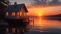 A serene lakeside cabin with a beautiful view of the sunset reflecting on the water