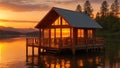 A serene lakeside cabin with a beautiful view of the sunset reflecting on the water.A serene beach at dusk