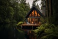 Serene lakeside cabin surrounded by lush forest. Generative AI