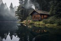 Serene lakeside cabin surrounded by lush forest. Generative AI