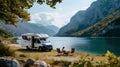 Serene lakeside camping scene with modern RV. leisure outdoor lifestyle. enjoying nature in a camper van. scenic
