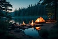 A serene lakeside campsite at dawn, complete with a flickering campfire, a tent, and a rowboat by the water\'s edge