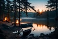 A serene lakeside campsite at dawn, complete with a flickering campfire, a tent, and a rowboat by the water\'s edge