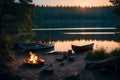 A serene lakeside campsite at dawn, complete with a flickering campfire, a tent, and a rowboat by the water\'s edge