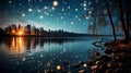 Serene lakeside at dusk wooden dock, starry canopy, and full moon reflection in warm glow Royalty Free Stock Photo