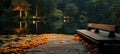 Serene lakeside at dusk wooden dock, starry canopy, full moon s warm glow reflecting on the water Royalty Free Stock Photo