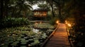 Serene lakeside at dusk wooden dock, starry canopy, and full moon s warm glow on the water