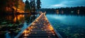 Serene lakeside at dusk with wooden dock, starry sky, and full moon creating a tranquil ambiance Royalty Free Stock Photo