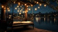 Serene lakeside at dusk wooden dock, twinkling starry canopy, and full moon s warm glow