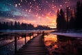 Serene lakeside at dusk wooden dock, twinkling stars, and full moon casting warm glow