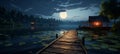 Serene lakeside at dusk wooden dock, twinkling stars, and full moon reflection in water Royalty Free Stock Photo