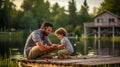 Serene Lakeside Fishing Lesson: Father and Child Bonding in Golden-Hour Glow Royalty Free Stock Photo