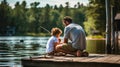 Serene Lakeside Fishing Lesson: Father and Child Bonding in Golden-Hour Glow Royalty Free Stock Photo