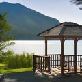 A serene lakeside gazebo with a view of the mountains and a calm lake4, Generative AI