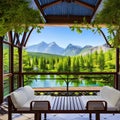 A serene lakeside gazebo with a view of the mountains and a calm lake5, Generative AI