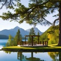 A serene lakeside gazebo with a view of the mountains and a calm lake3, Generative AI