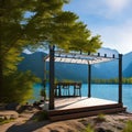 A serene lakeside gazebo with a view of the mountains and a calm lake2, Generative AI