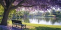 Serene lakeside park with blooming jacaranda trees and tranquil bench Royalty Free Stock Photo