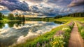 Serene lakeside path with wildflowers and dramatic cloudscape. Generative AI Royalty Free Stock Photo