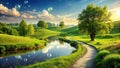 Serene lakeside path winding through lush green hills under a sky adorned with floating bubbles. Generative AI Royalty Free Stock Photo
