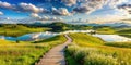 Serene lakeside path winding through rolling green hills under a dramatic sky. Generative AI Royalty Free Stock Photo