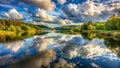 Serene lakeside reflection of a dramatic sky with lush green foliage. Generative AI Royalty Free Stock Photo