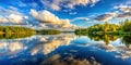 Serene lakeside reflection of a summer sky with lush green trees. Generative AI Royalty Free Stock Photo
