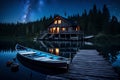 A serene lakeside residence with a rowboat sitting at the pier and a starry night sky.