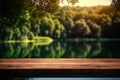 Serene Lakeside Retreat Empty Wooden Table with Summer Forest\'s Lush Green Blur. created with Generative AI Royalty Free Stock Photo