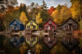 Serene Lakeside Retreat with a Row of Vibrant Cabins