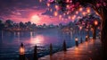 Serene lakeside scene at dusk wooden dock, twinkling star canopy, and full moon reflections Royalty Free Stock Photo