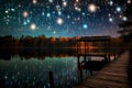 Serene lakeside scene at dusk with wooden dock, twinkling stars, and full moon reflection