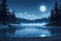 Serene lakeside scene with mist and a full moon reflecting on the water Royalty Free Stock Photo