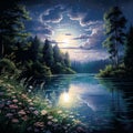 Serene Lakeside Scene at Night