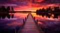 A serene lakeside scene with a wooden dock, calm water, and a colorful sunset in the background, AI-generated